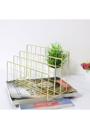 Reedark Altın Renkli Metal Kitaplık - 3 Bölmeli Ev Ofis Masaüstü Organizer - Dayanıklı Demir Raf - Dekoratif Belge Depolama Aracı Altın