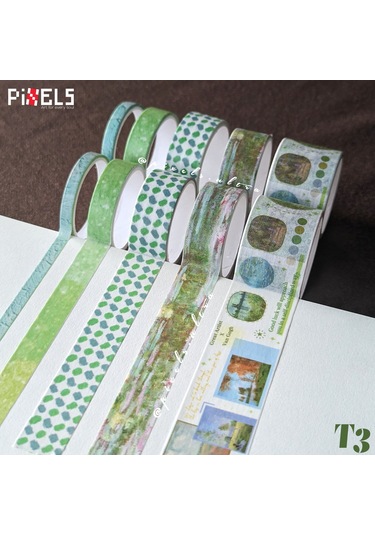 Vintage Washi Tape Bant Baskılı Yapışkanlı Maskeleme Kağıdı 45e Desenli Bant 10'lu - Yeşil Tablo 1