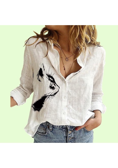 Beyaz Bayanlar Rahat Kedi Baskı Bluzlar Kadın Moda Yaka Yaka Hırka Gömlek Ince Pamuk Keten Üst