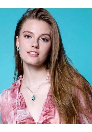 Brezza Lusso Jewelry Zümrüt Oval Taşlı Luxury Kadın Gümüş Kolye Küpe Set