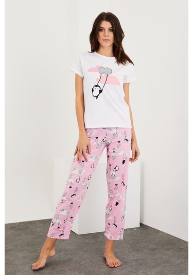 Gimer - Baskılı Kısa Kol Pijama Takım - Ece4202G Beyaz