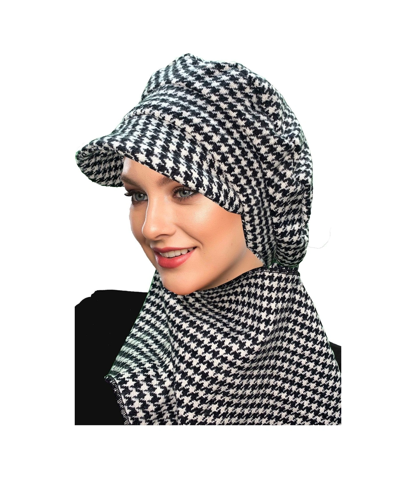 Yün Kasket Şapka Atkılı Küçük Kazayağı Desenli Siyah-krem Hazır Türban Tesettür Bone Bere Siyah-beyaz