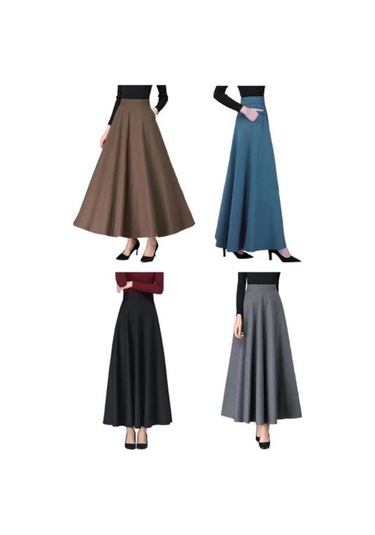 Fastbuy Maxi Etek - Yüksek Bel - Elastik - A Kesim - Uzun - Cepli - Düz Renk - Ofis/kahve Kahve