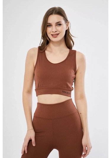 Kadın Fitilli Baskılı Crop - Kahve Kahve