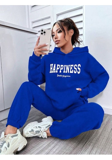 Happiness Eşofman Takımı Sweatshirt Jogger - Sax Mavi Baskılı Oversize Şardonlu Kapüşonlu Sax Mavi
