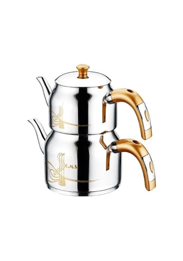 Oms Collection 8043 M 4 Parça Paslanmaz Çelik Osmanlı Tuğralı Çaydanlık Gold