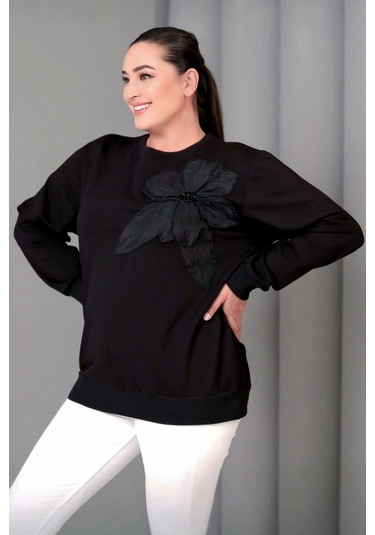 Çiçek Aplikeli Sweatshirt Siyah