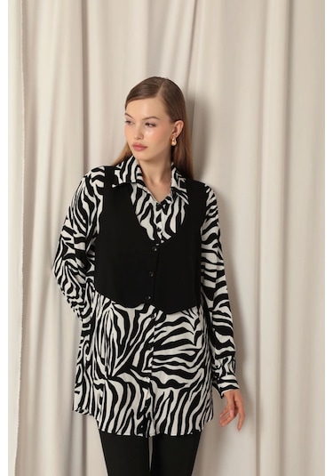 Saklımoda Viskon Kumaş Yelekli Kadın Zebra Gömlek Çok Renkli