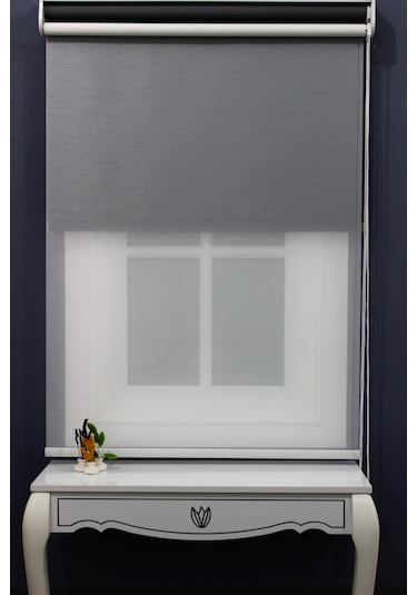Çift Mekanizmalı Çizgili Tül & Mat Gri Stor Perde % 90 Işıgı Kesm