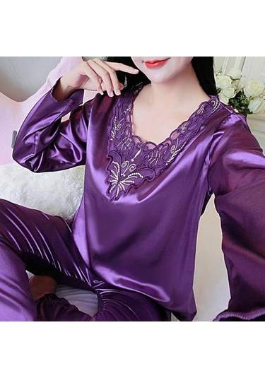 Kırmızı 2 Adet/takım Rahat Bahar Gecelik Seti V Yaka Uyku Dantel Artı Boyutu Kadın Gecelik Yatak Odası İçin Set Kırmızı