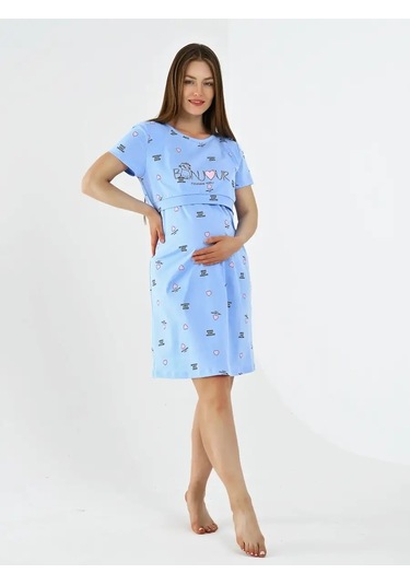 A Mamocka Kısa Kollu, Desenli Triko Gece Gömleği 111373954 Açık Mavi