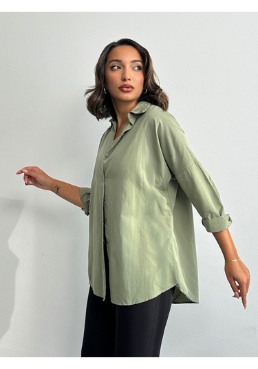 Kadın Oversize Uzun Basic Gömlek Haki