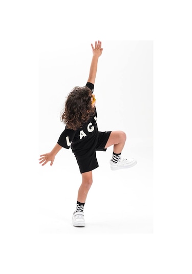 Miniko Kids Laciel Paris Baskılı Yakalı Şortlu Pamuk Takım Siyah