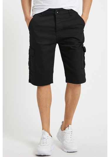 Erkek Lacivert Renk Kargo Yandan Cepli Esnek Kumaş Slim Fit Kapri Şort Siyah
