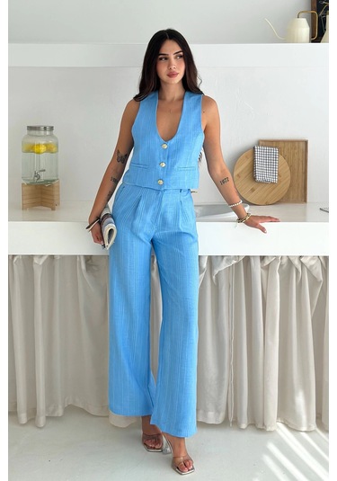 Çizgili Kumaş Yelek Takım Mavi Mavi