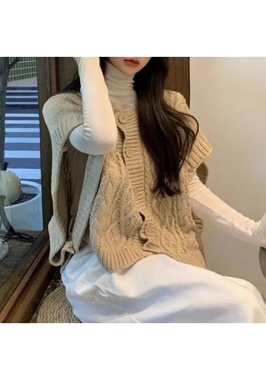 Kayısı Kore Şık Vintage Büküm Kolsuz Kazak Yelek Kadın Sonbahar Kış Örme Yelek Yelekler Kadın Düğme O Boyun Triko 29143 Kayısı