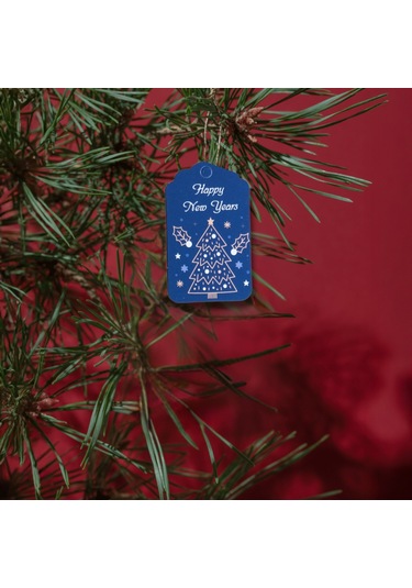 Yılbaşı Happy New Years Yazılı Hediye Etiketi, Çam Desenli Paketl