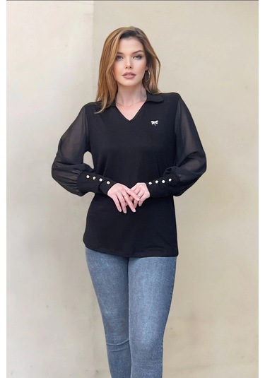 Kolları Şifon Düğme Detaylı Bluz Siyah