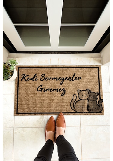 Kedi Sevmeyenler Giremez Tasarımlı Kedili Kapı Önü Paspası