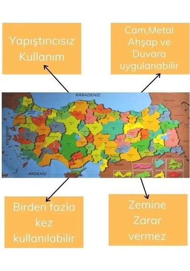 Evyora Renkli Türkiye Haritası Manyetik Yapıştırıcı Gerektirmeyen Duvar Stickerı 118 Cm 56 Cm