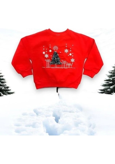 Kız Çocuk Yılbaşı Temalı Ağaçlı Sweat-14328 Kırmızı