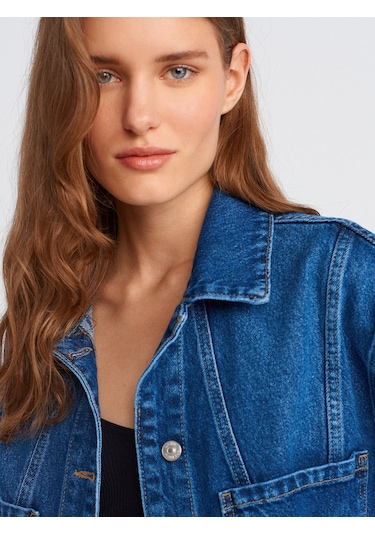 Dilvin 50749 Ön Bölümü Dikişli Oversize Denim Gömlek-mavi Mavi