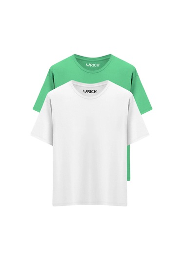 Erkek 2 Li Paket %100 Pamuk Oversize Tişört Basic Bisiklet Yaka Kısa Kollu T-shirt Yeşil