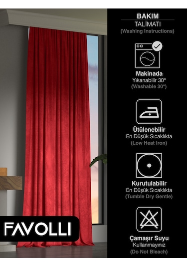 Br Favolli Kadife Dokulu Kırmızı Ada Fon Perde Ekstrafor Büzgülü Dream Series Kırmızı
