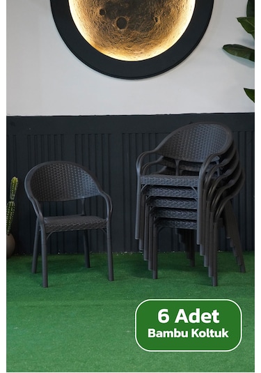 Alezy Bambu Rattan Kollu Koltuk 6 Adet Antrasit