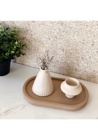 Thiramis Homeconcept Mocha Tepsi Bej Mini Vazo & Tealight 3lü Set