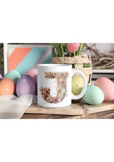 J Harfi Çiçek Desenli Kupa Bardak - Alfabe Harfleri İle Doğal Çiçekli Kupa - Hediye Fikir Beyaz