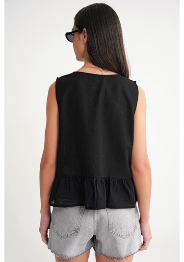 4717 Kadın Önü Bağcıklı Fırfırlı Kolsuz Keten Bluz Siyah Siyah
