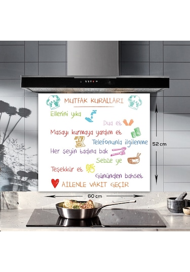 Decorita Renkli Mutfak Kuralları Cam Ocak Arkası Beyaz 52x60cm