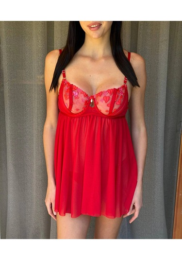 Arona Kadın Kalp Desenli Brode Gecelik Takımı Kırmızı Desenli Kırmızı