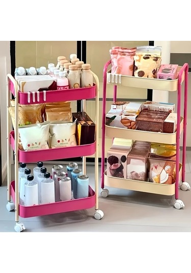 Fochsia Faridabio 3 Katlı Pembe Tekerlekli Mobil Organizasyon Sepeti Mutfak Banyo Pembe