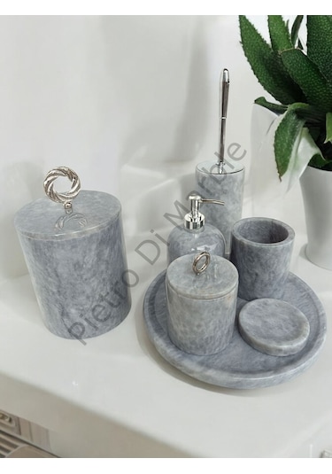 Gri Mermer Klasik Model 7 Parça Gümüş Renk Halka Aksesuarlı Banyo Seti Gri