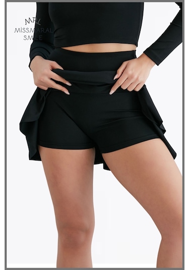 Siyah Yüksek Bel Volanlı Şortlu Spor Etek Deniz Şortu Skirt With Shorts 1101 Siyah