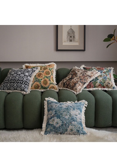 Geeroyoo Amerikan Tarzı Çiçek Desenli Tassel Döşeme Kumaş Yastık Kılıfı - Koltuk, Yatak, Otomobil İçin 45x45 Cm Dolu Olmayan Diğer