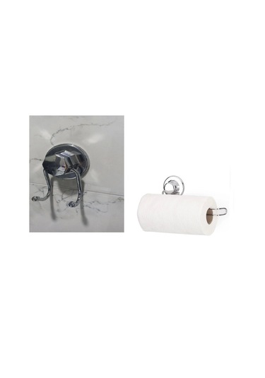 Hem Vakumlu Hem Vidalı Banyo Aksesuarı 2 Li Set Kağıt Havluluk + Havlu Askısı Krom Krom
