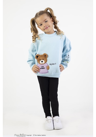 Kız Çocuk Orta Kalınlıkta Baskılı Örme Basic Taytlı Alt Üst Takımı Mavi