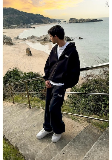 Flaw Nakışlı Zip Hoodie Siyah Siyah