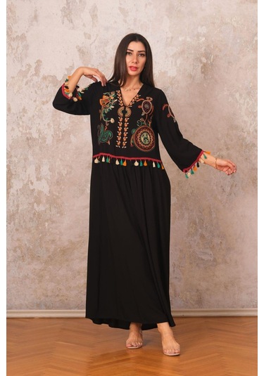 Kadın Siyah V Yaka Önü Ve Kolları Otantik Nakışlı Püsküllü Uzun Elbise-sıyah Siyah