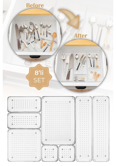 Vienev 8li Şeffaf Çekmece İçi Düzenleyici Organizer 2x D.k.dkdrtgn K.kare 1x O.dkdrtgn B.kare