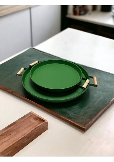 2'li Ahşap Kulplu 45 Cm Yeşil Metal Tepsi Ve 37 Cm Yeşil Kahve Sunum Tepsisi Yeşil