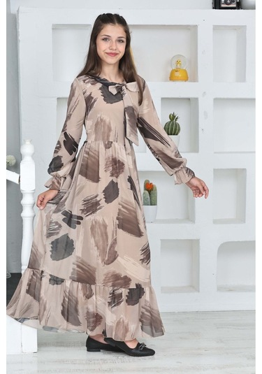 Genç Kız Pamuk Astarlı Şifon Kumaş Uzun Tam Boy Tesettür Elbise Vizon