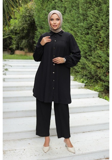 Büzgü Detaylı Tesettür Siyah Takım Siyah