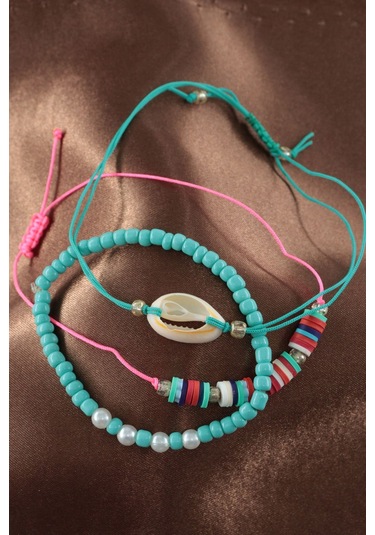 3lü Deniz Kabuğu İncili Boncuklu Asansörlü Lastikli İp Bileklik. Kadın İp Bileklik Halhal Çok Renkli