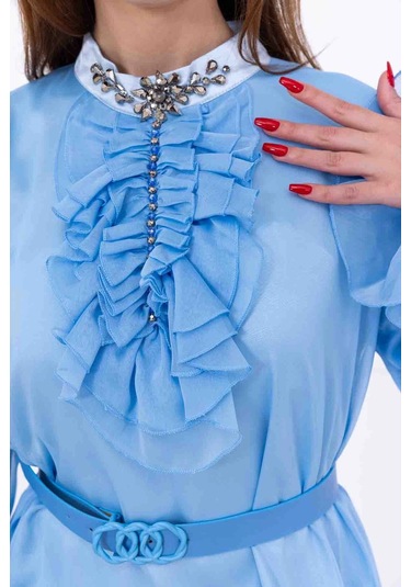 Yaka Fırfırlı Boncuk İşlemeli Şifon Abiye 2716-bebe Mavisi Bebe Mavisi Mavi