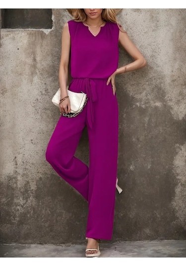 The İstanbul Kadın Kolsuz V Yakalı Aerobin Bluz Ve Belden Kuşaklı Pantolon Ikili Takım Mor
