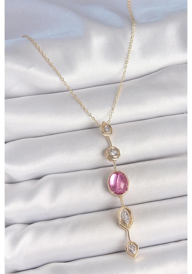 Pirinç Zincir Gold Renk Pembe Zirkon Taşlı Y Kolye Çok Renkli